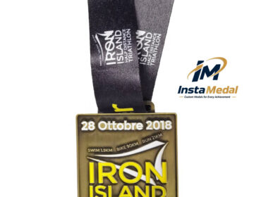 Custom Iron Island Half Distance Triathlon Finisher Medal with 3D Metal Design and Custom Ribbon