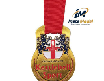 Custom Kettlebell Sport Medal with 3D Kettlebell Design, Gold Finish, and Personalized Competition Ribbon